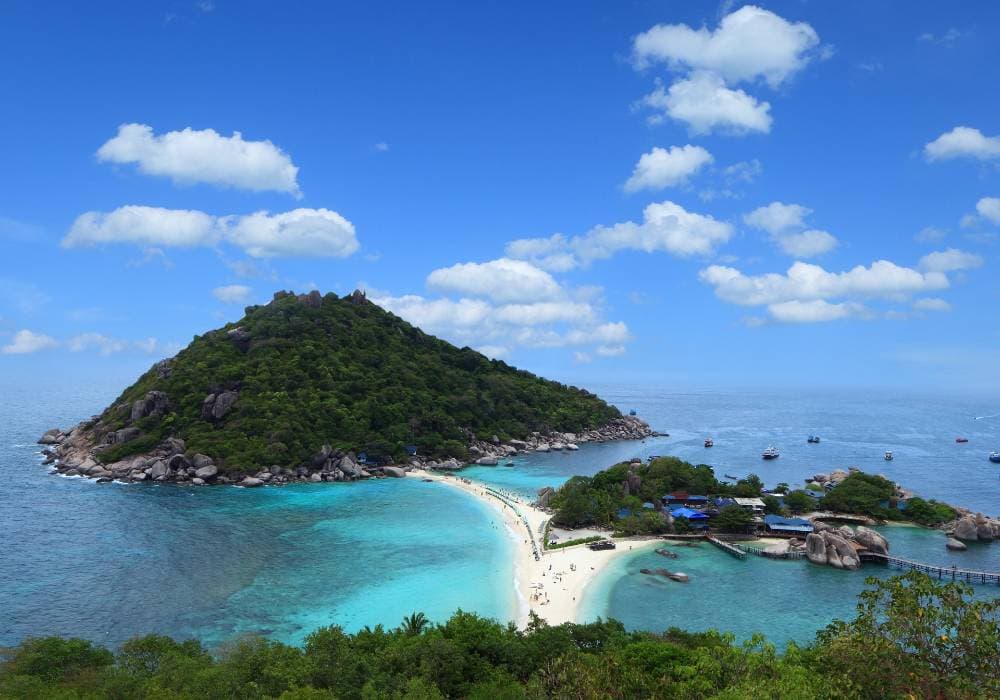 koh nang yuan aerial view of sandbar and green hills